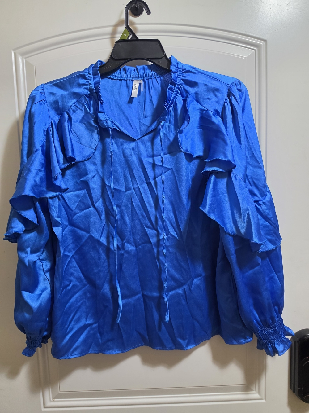 Electric Blue Ruffle Tie-Neck Blouse